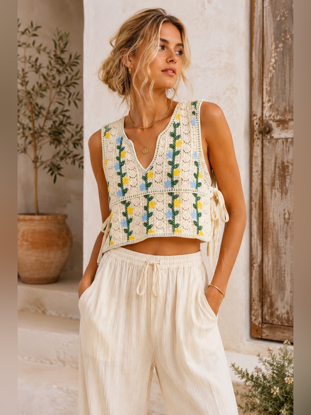 NWT House of Harlow 1960 Crochet Floral Tie Side Vest Boho Festival Cottagecore